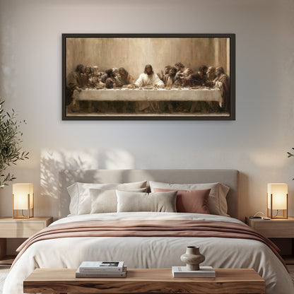 Sepia Last Supper oil painting framed canvas wall art in a bedroom above the bed