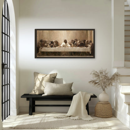 Sepia Last Supper oil painting framed canvas wall art in an entryway above a bench