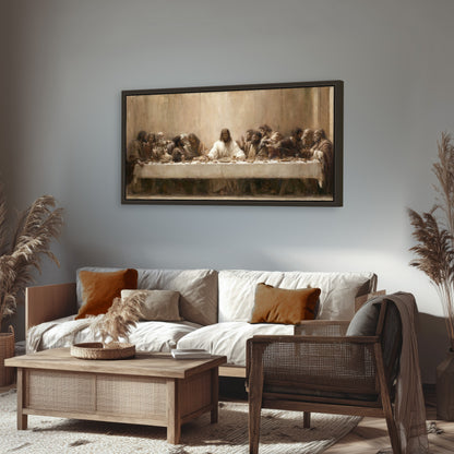 Sepia Last Supper oil painting framed canvas wall art in a rustic living room