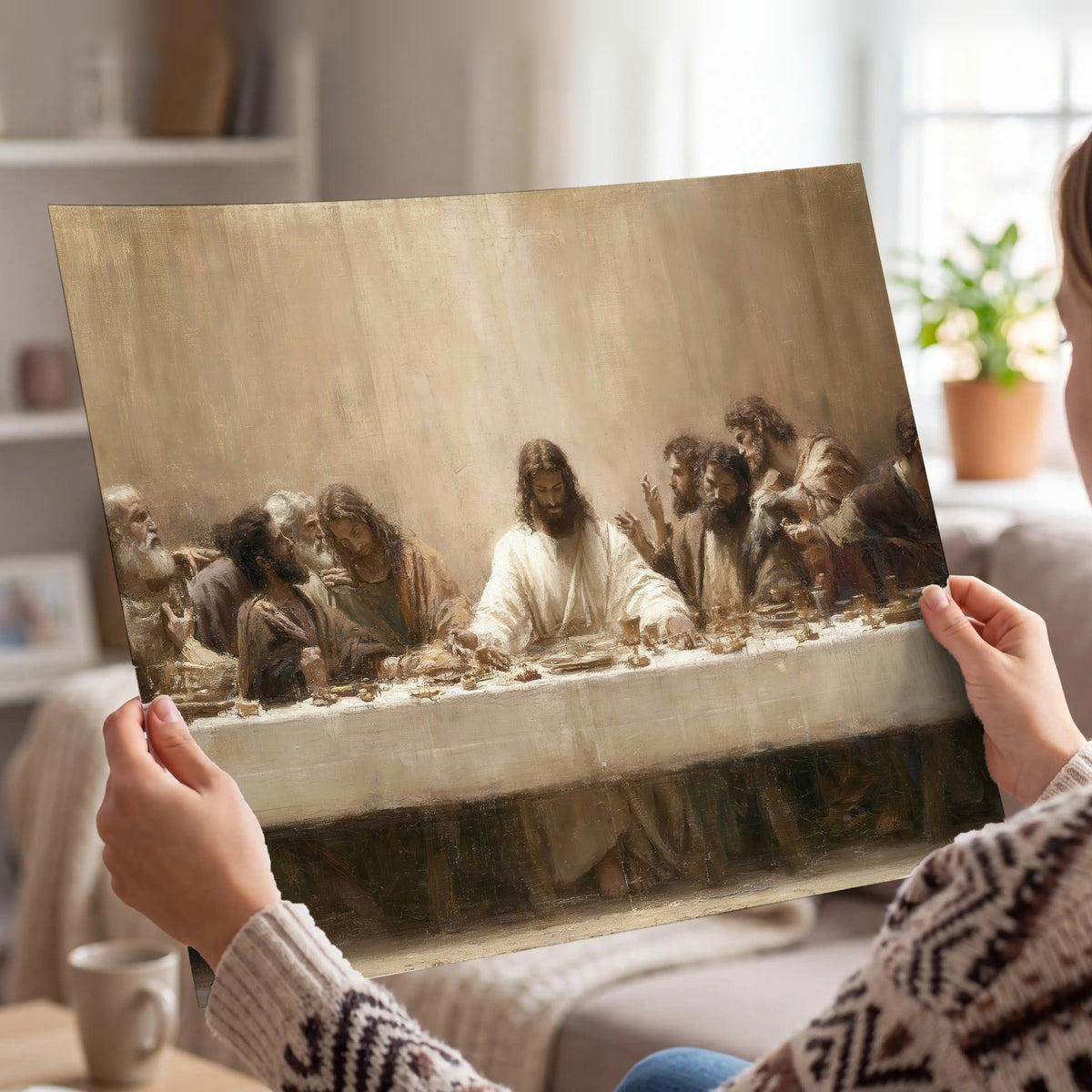 Sepia Last Supper oil painting poster print held in hands
