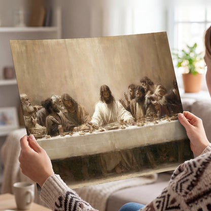 Sepia Last Supper oil painting poster print held in hands