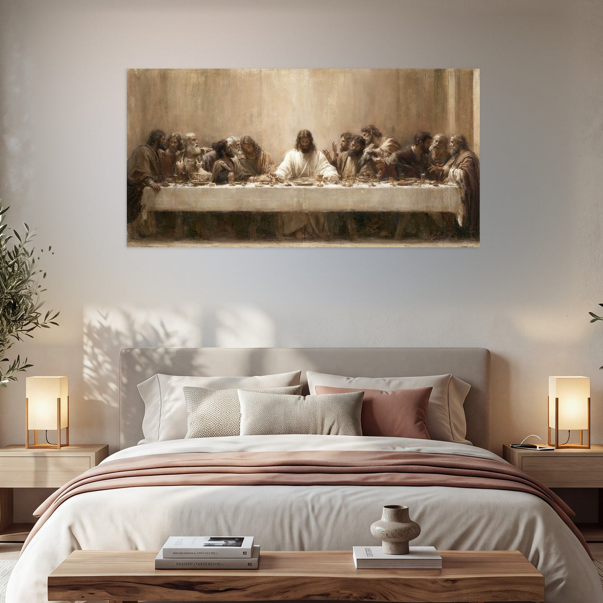 Sepia Last Supper oil painting poster print in a bedroom above the bed