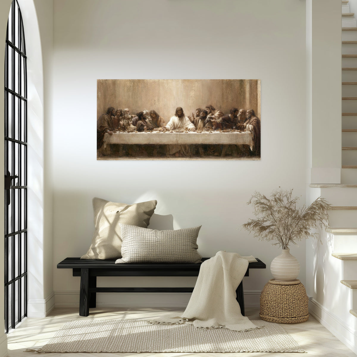 Sepia Last Supper oil painting poster print in an entryway above a bench