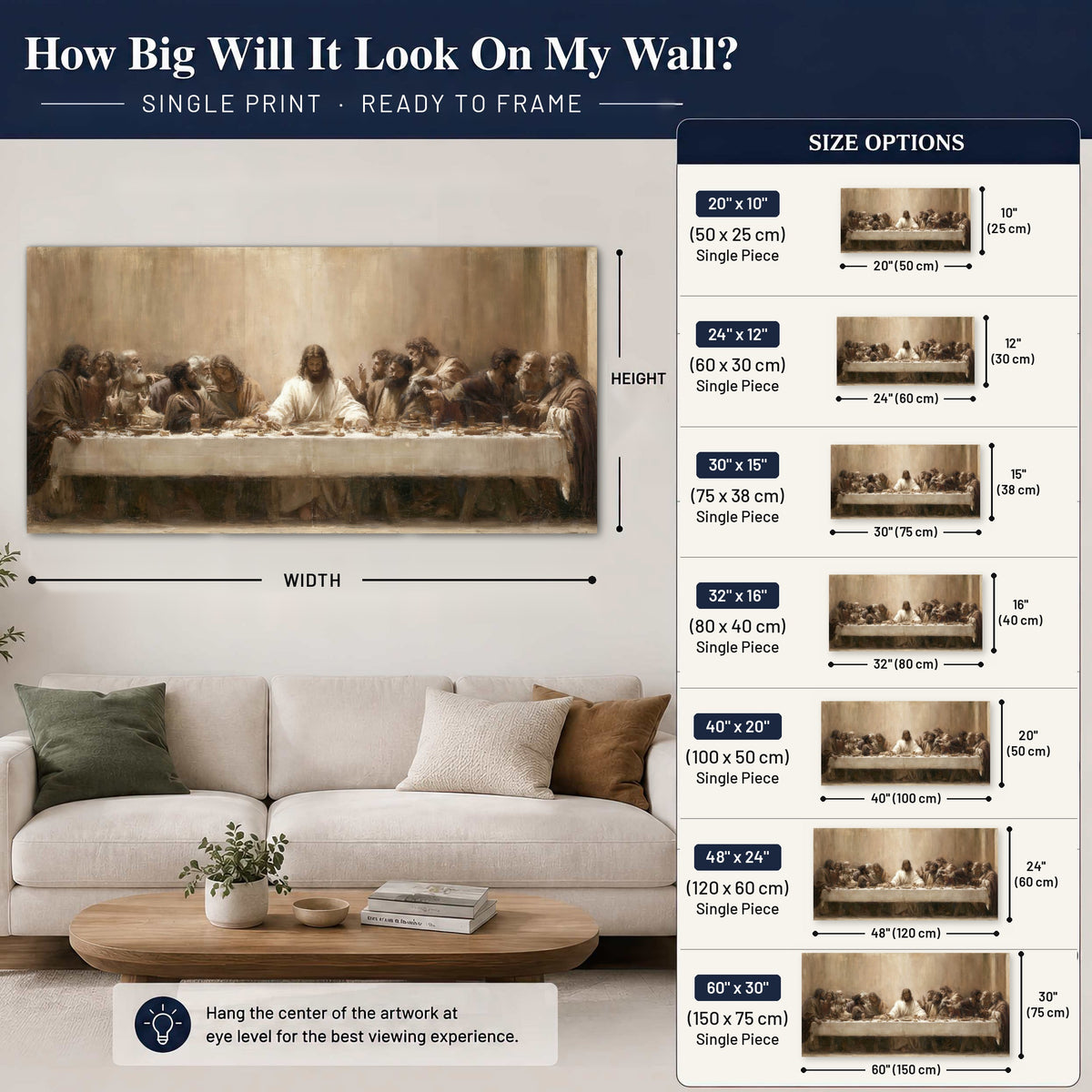 Sepia Last Supper oil painting poster print size guide above a sofa