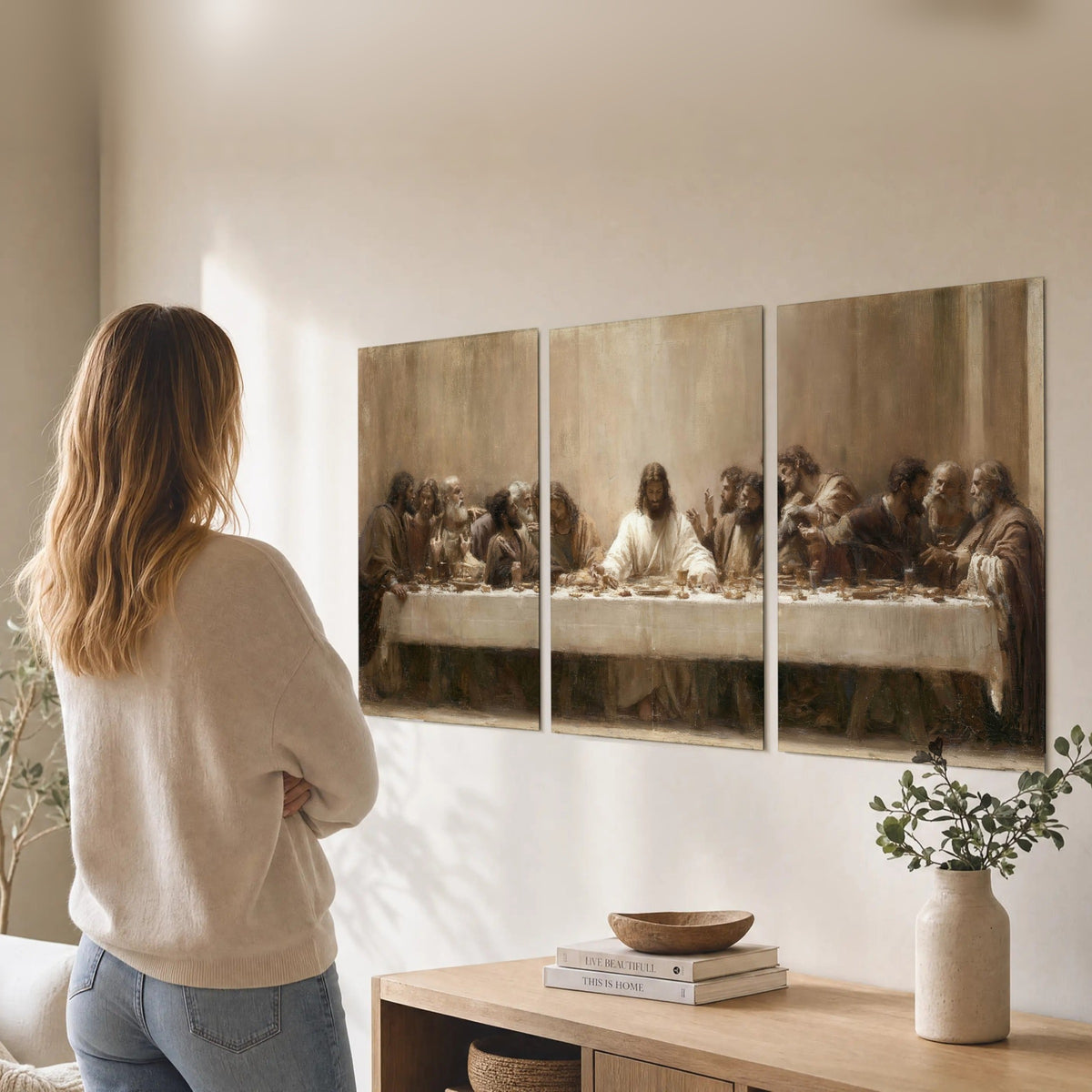Sepia Last Supper oil painting set of 3 poster prints in a living room