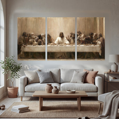 Sepia Last Supper oil painting set of 3 poster prints in a bright living room