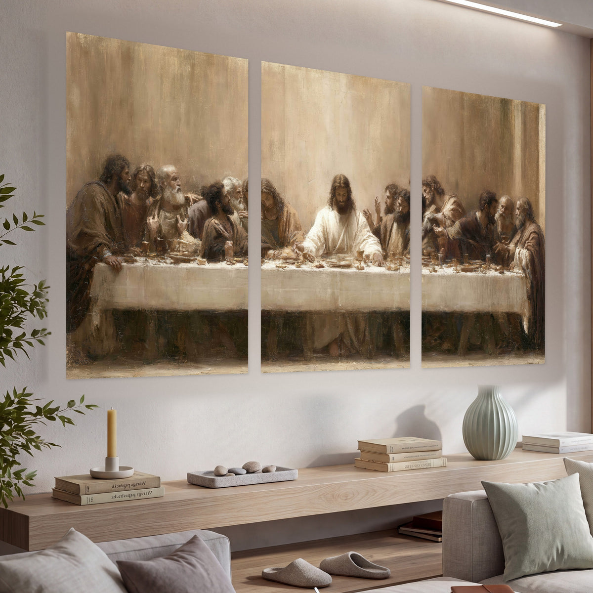 Sepia Last Supper oil painting set of 3 poster prints in a living room above a console
