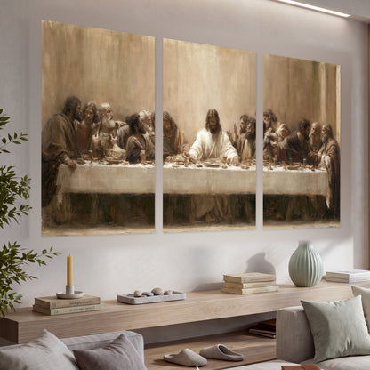 Sepia Last Supper oil painting set of 3 poster prints in a living room above a console