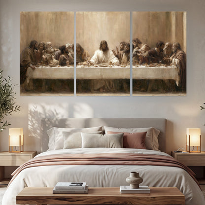 Sepia Last Supper oil painting set of 3 poster prints in a bedroom above the bed