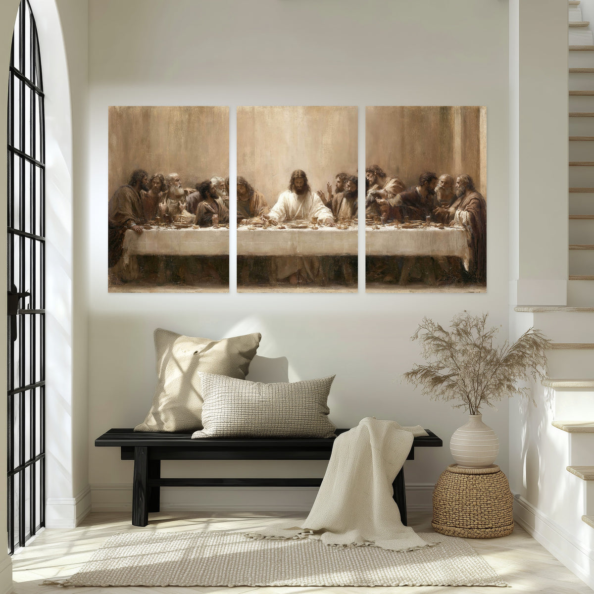 Sepia Last Supper oil painting set of 3 poster prints in an entryway above a bench