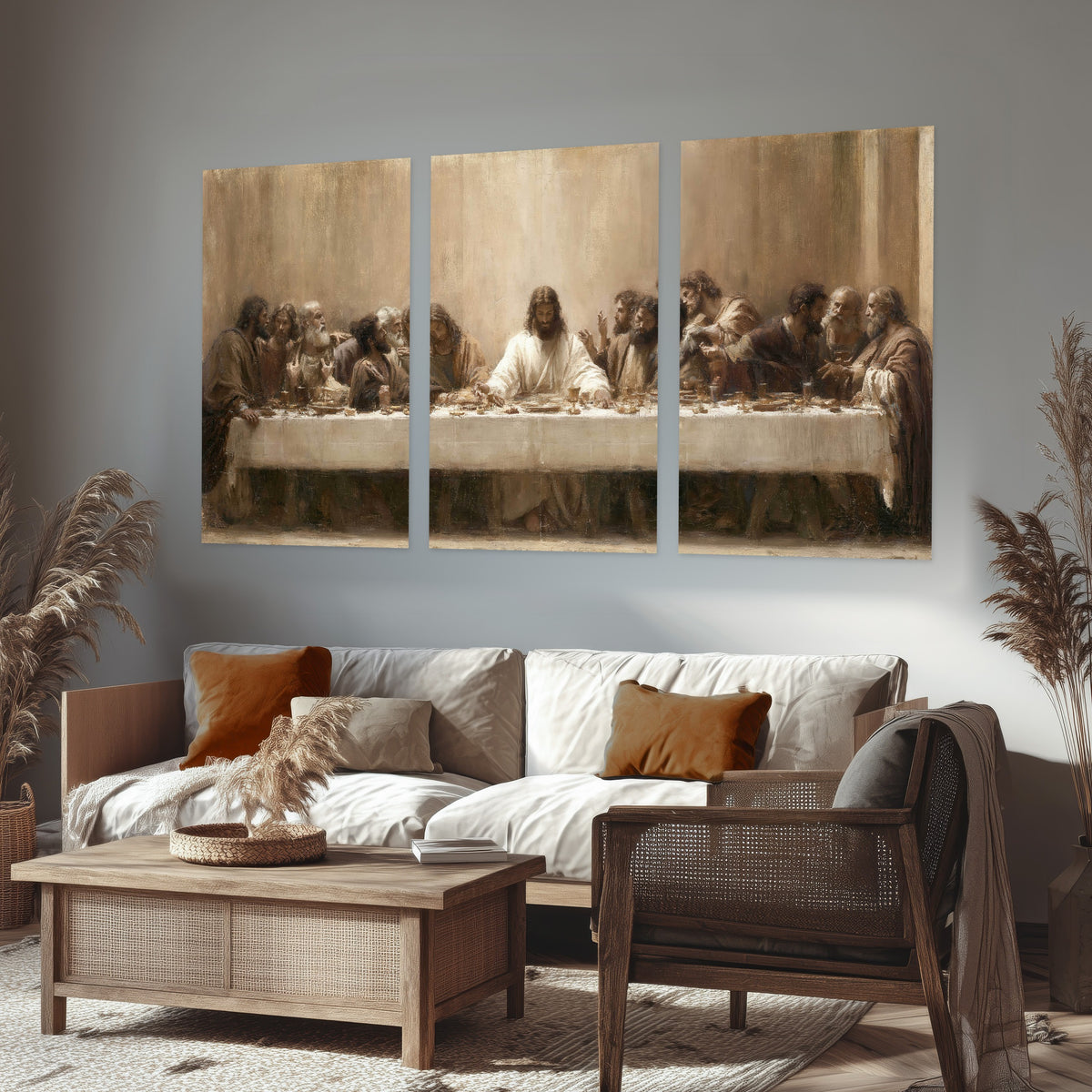 Sepia Last Supper oil painting set of 3 poster prints in a rustic living room