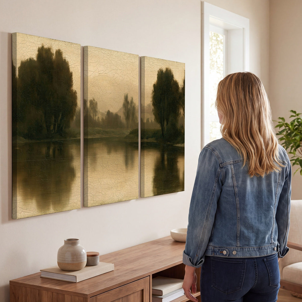 Antique sepia river painting 3 piece canvas wall art in a living room