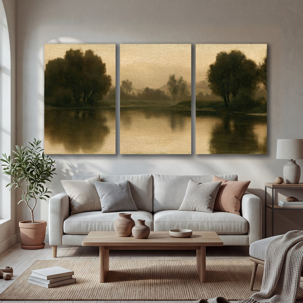 Antique sepia river painting 3 piece canvas wall art in a bright living room