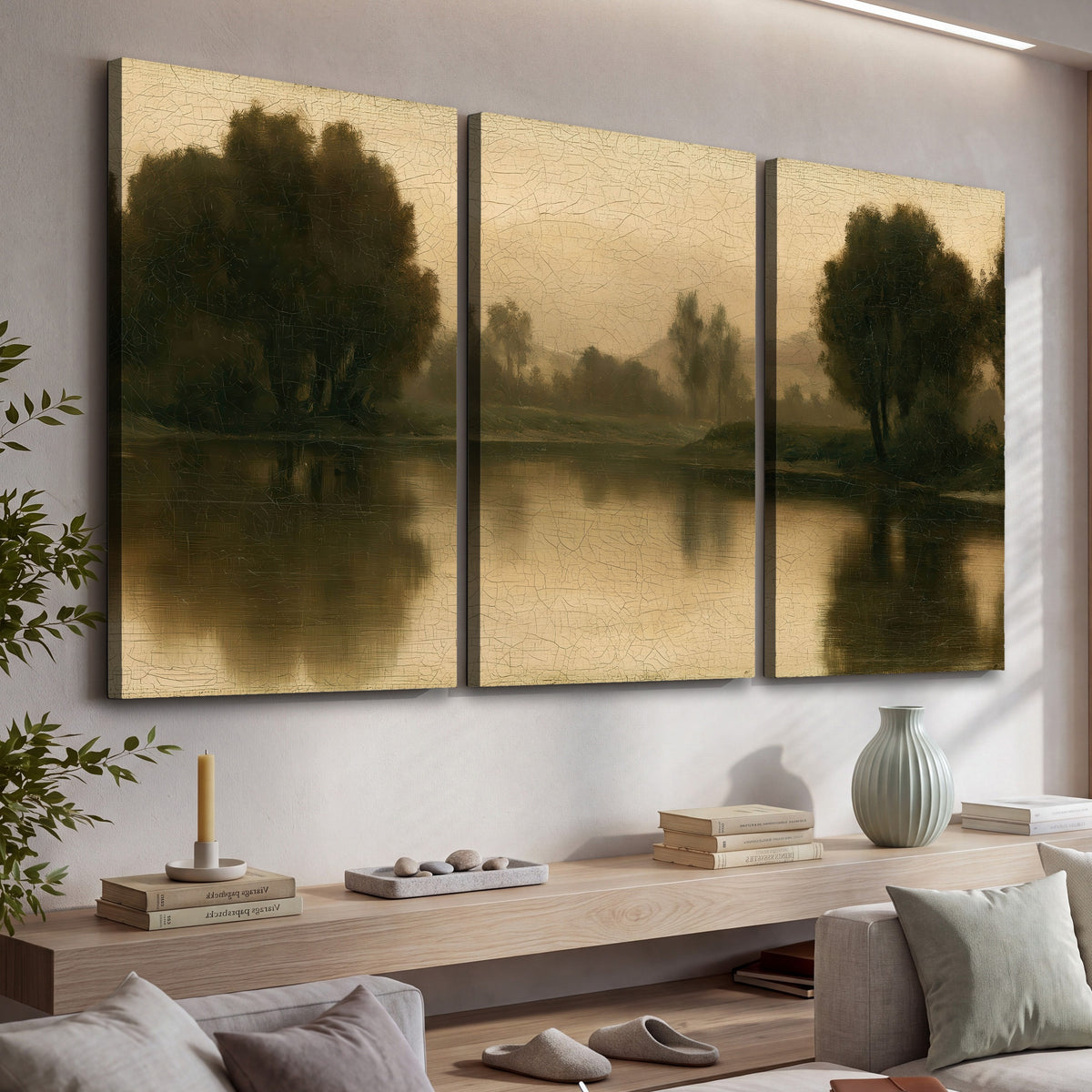 Antique sepia river painting 3 piece canvas wall art in a living room above a console