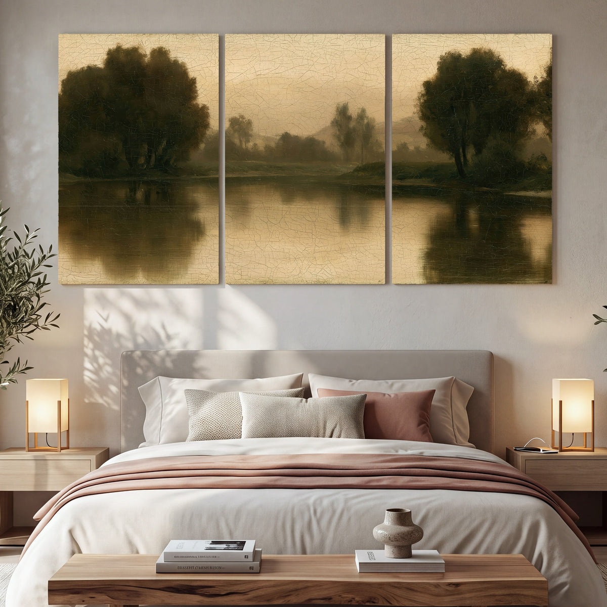 Antique sepia river painting 3 piece canvas wall art in a bedroom above the bed