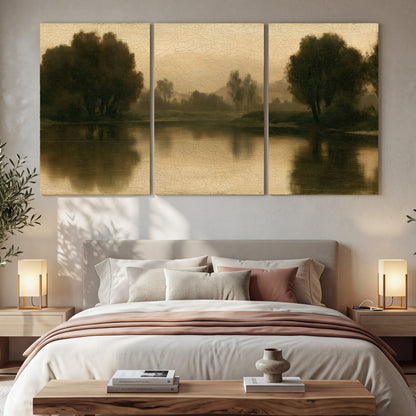 Antique sepia river painting 3 piece canvas wall art in a bedroom above the bed