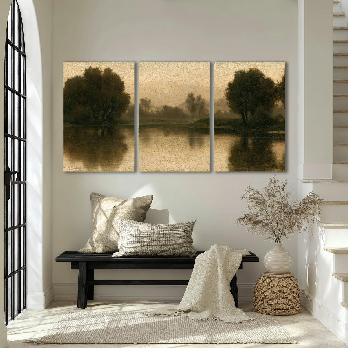 Antique sepia river painting 3 piece canvas wall art in an entryway above a bench