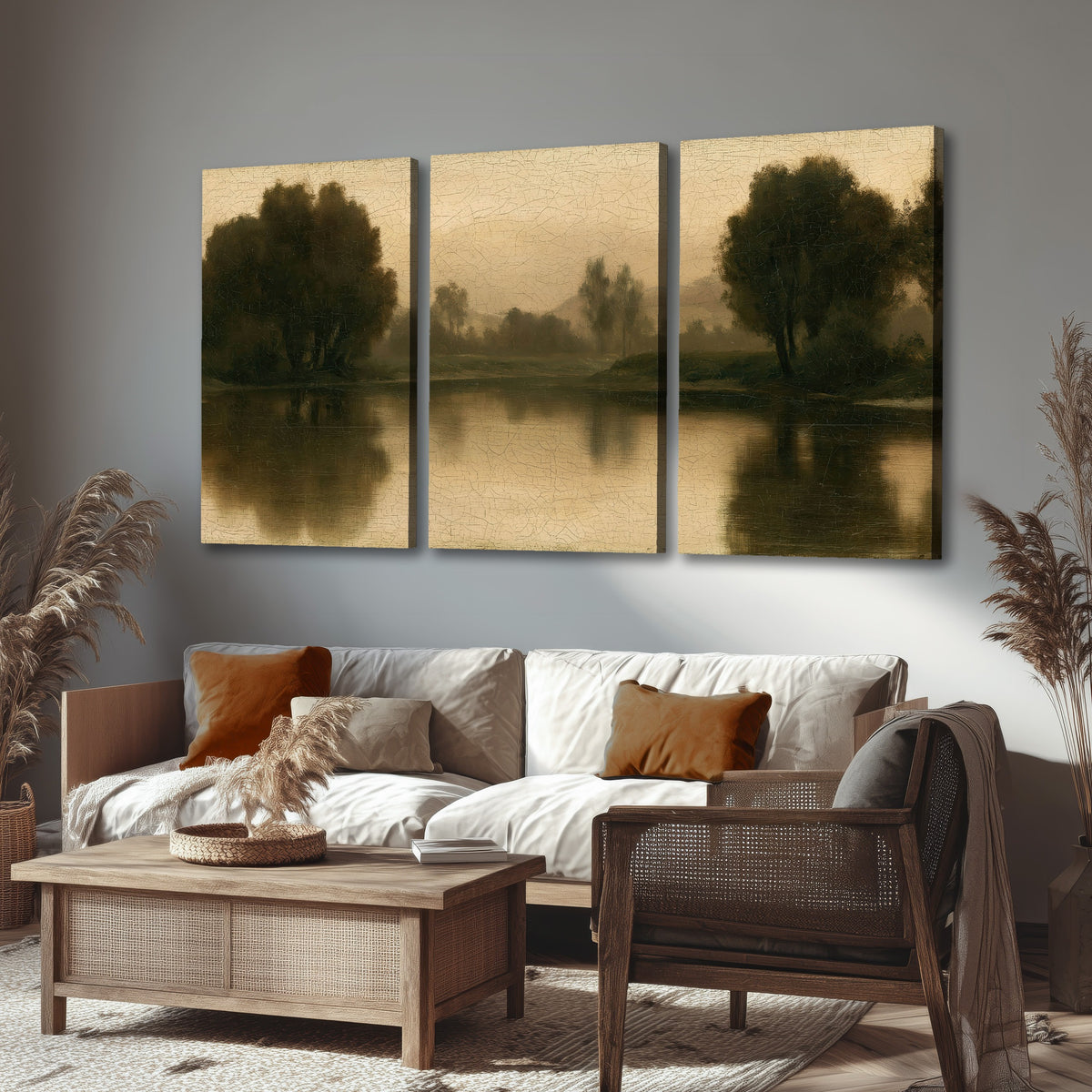 Antique sepia river painting 3 piece canvas wall art in a rustic living room