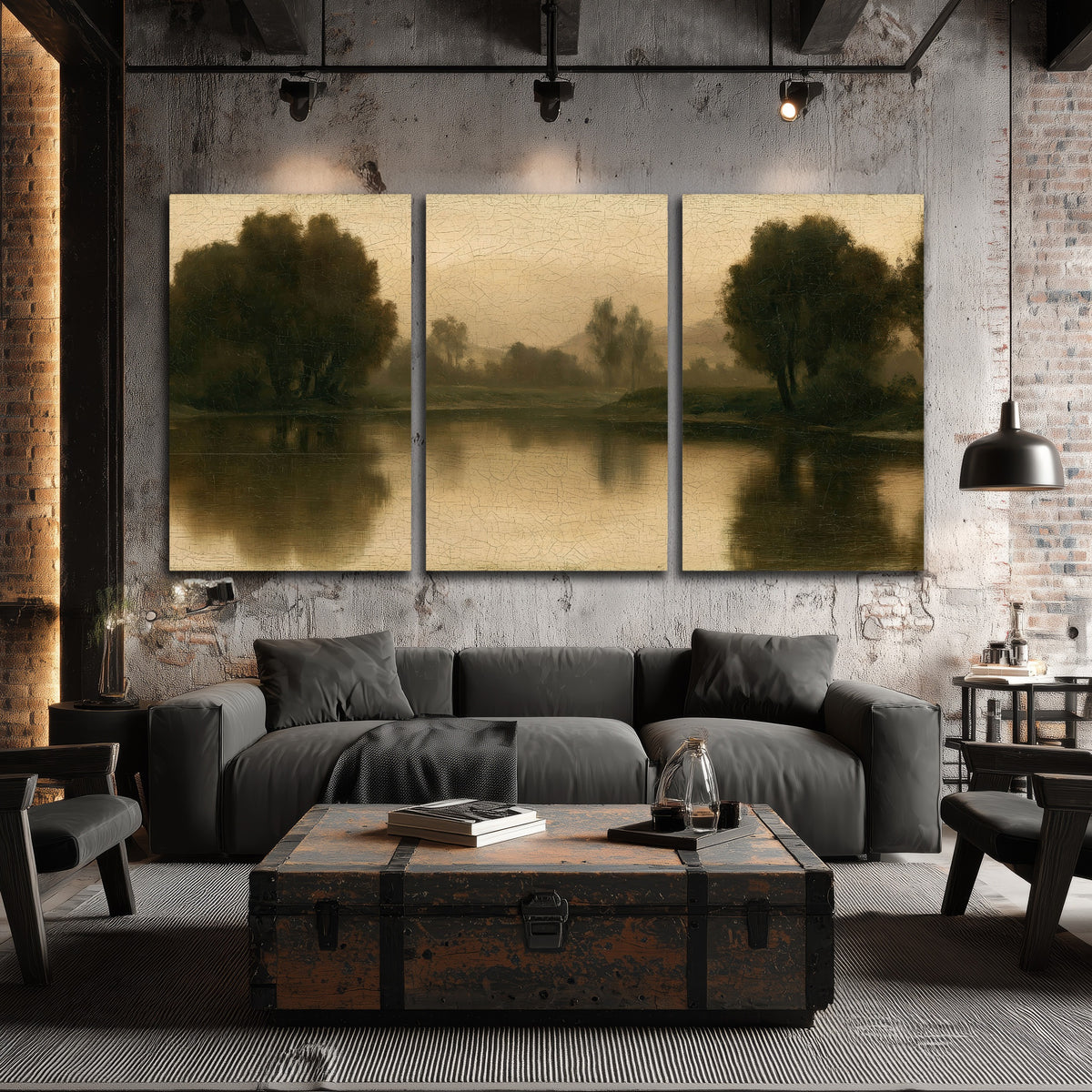 Antique sepia river painting 3 piece canvas wall art in an industrial loft