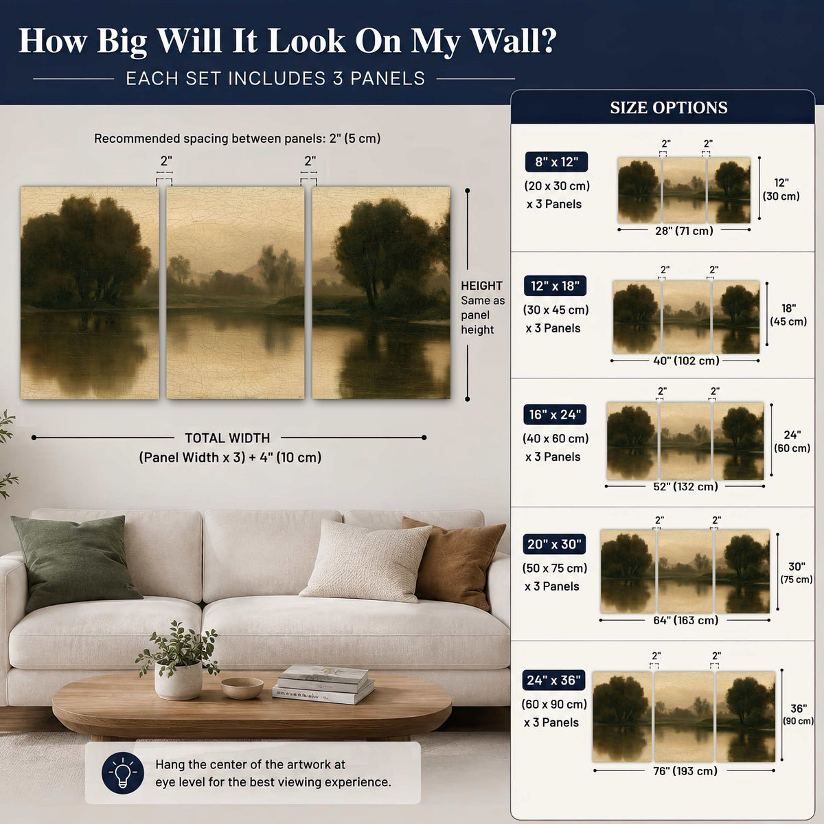 Antique sepia river painting 3 piece canvas wall art size guide above a sofa
