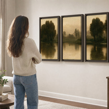 Antique sepia river painting 3 piece framed canvas in a living room