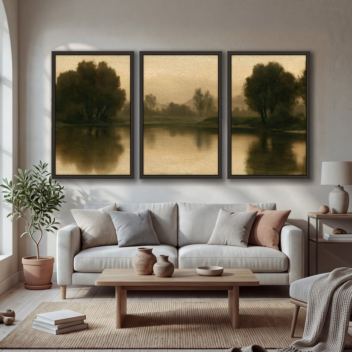 Antique sepia river painting 3 piece framed canvas in a bright living room
