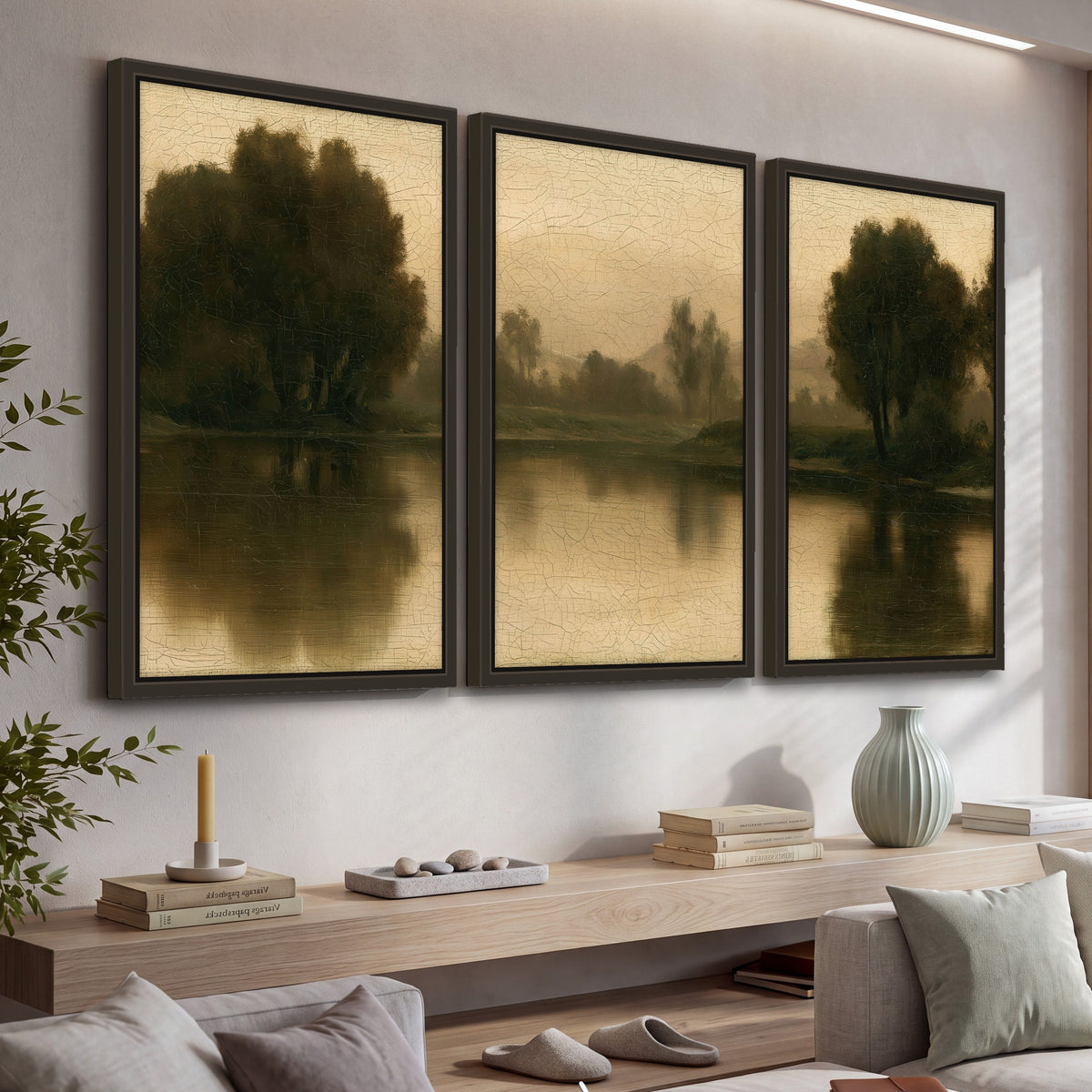 Antique sepia river painting 3 piece framed canvas in a living room above a console