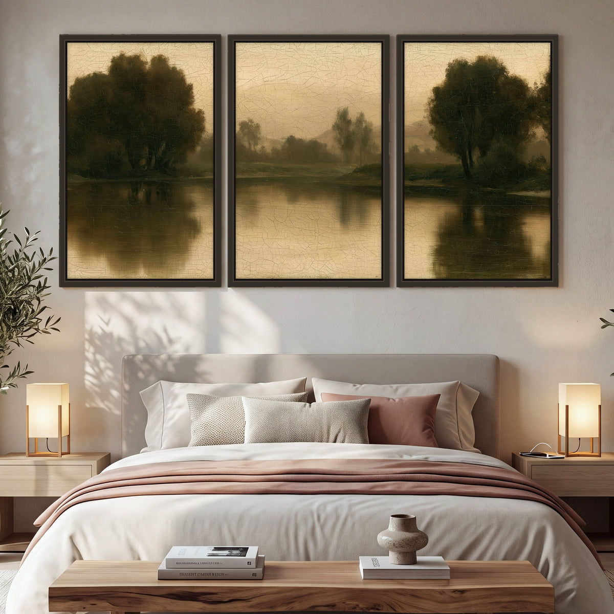 Antique sepia river painting 3 piece framed canvas in a bedroom above the bed