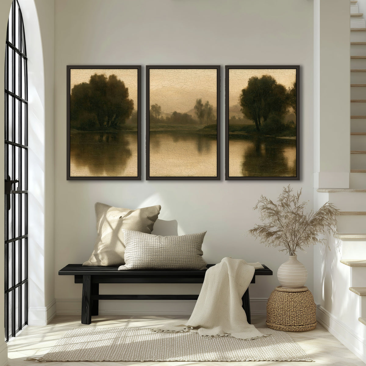 Antique sepia river painting 3 piece framed canvas in an entryway above a bench