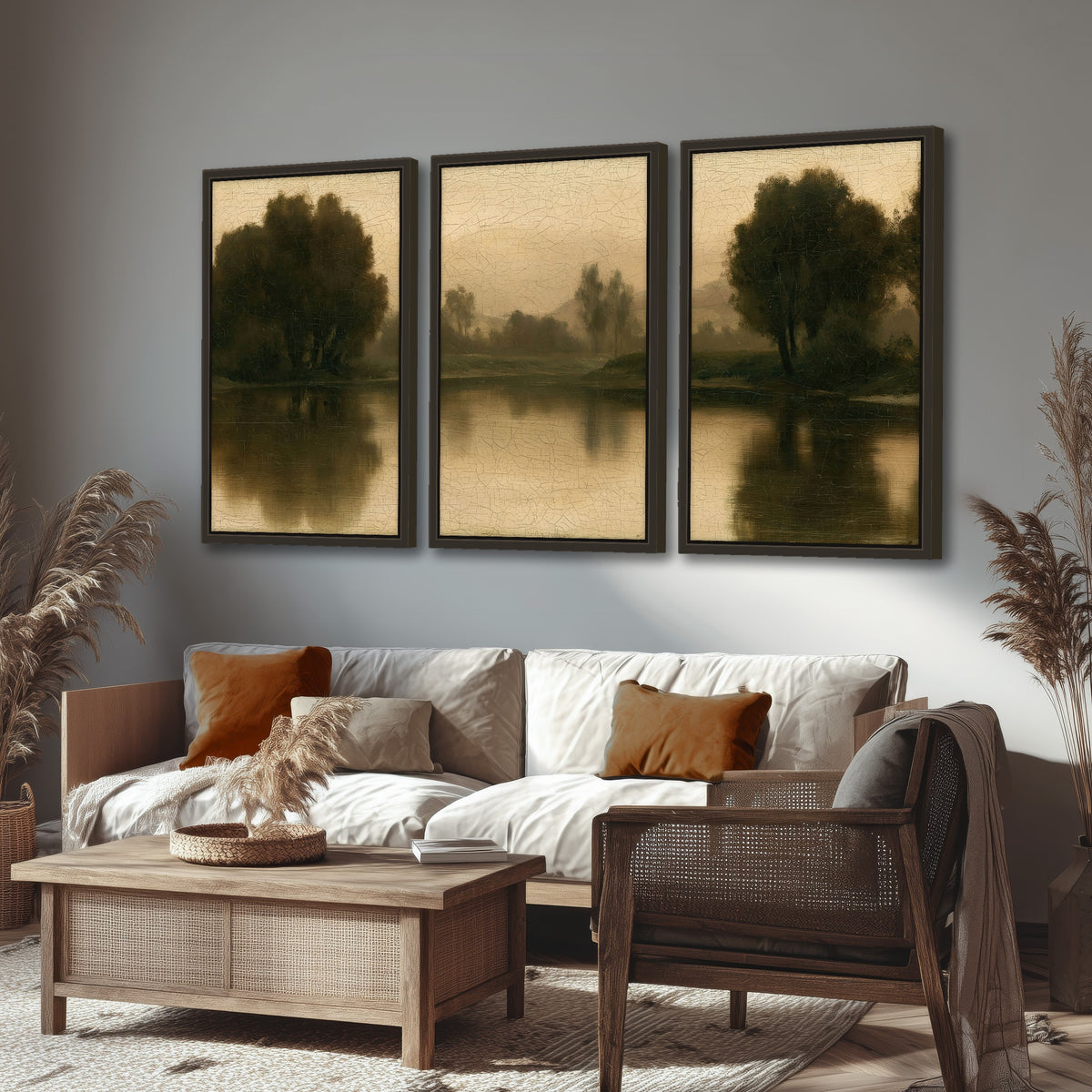 Antique sepia river painting 3 piece framed canvas in a rustic living room
