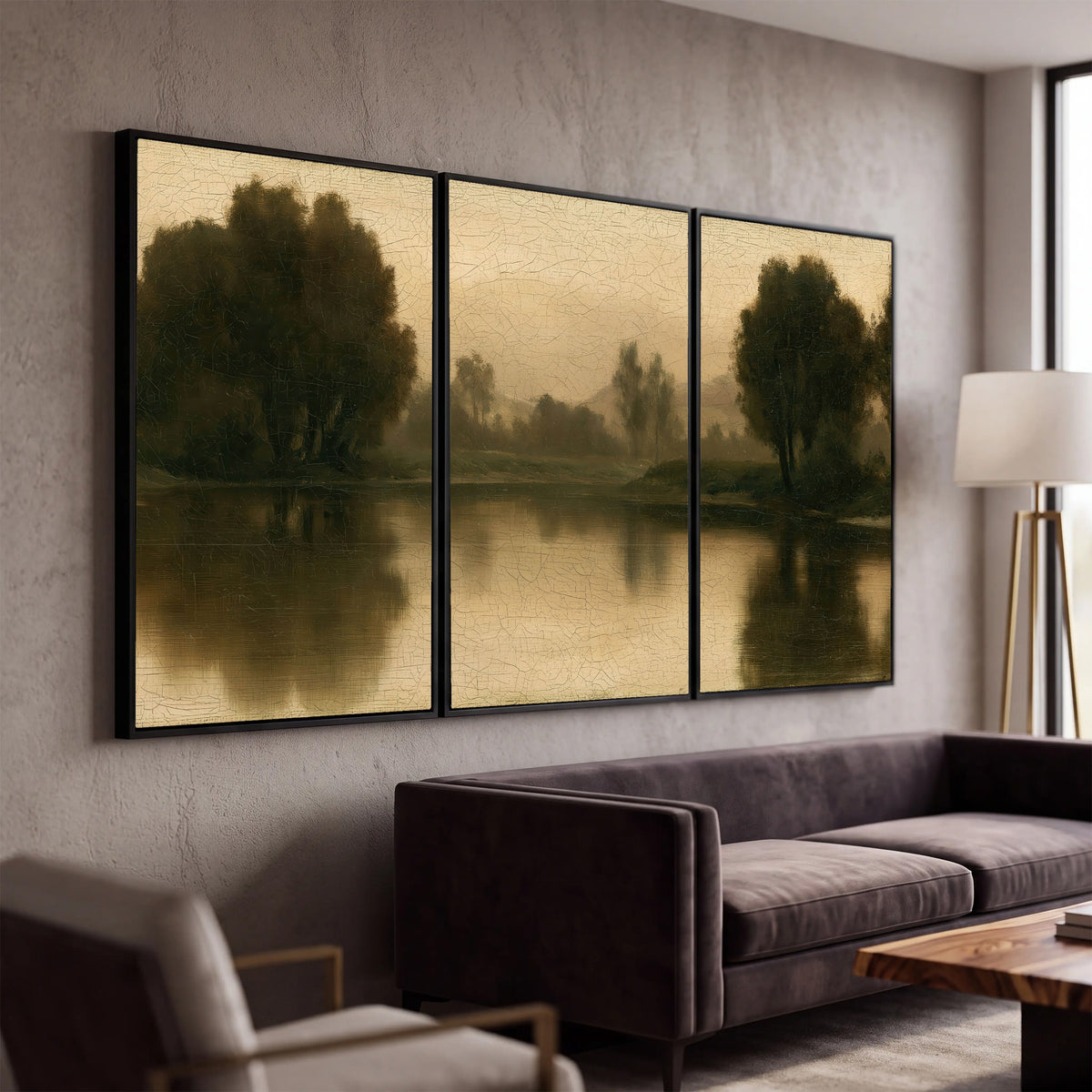 Antique sepia river painting 3 piece framed canvas in a modern living room