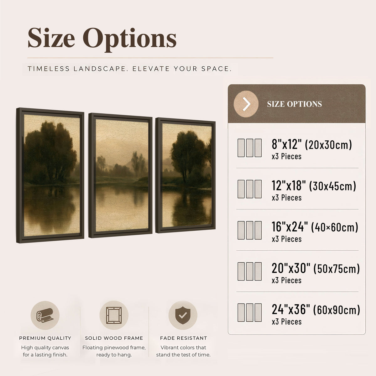 Antique sepia river painting 3 piece framed canvas size options