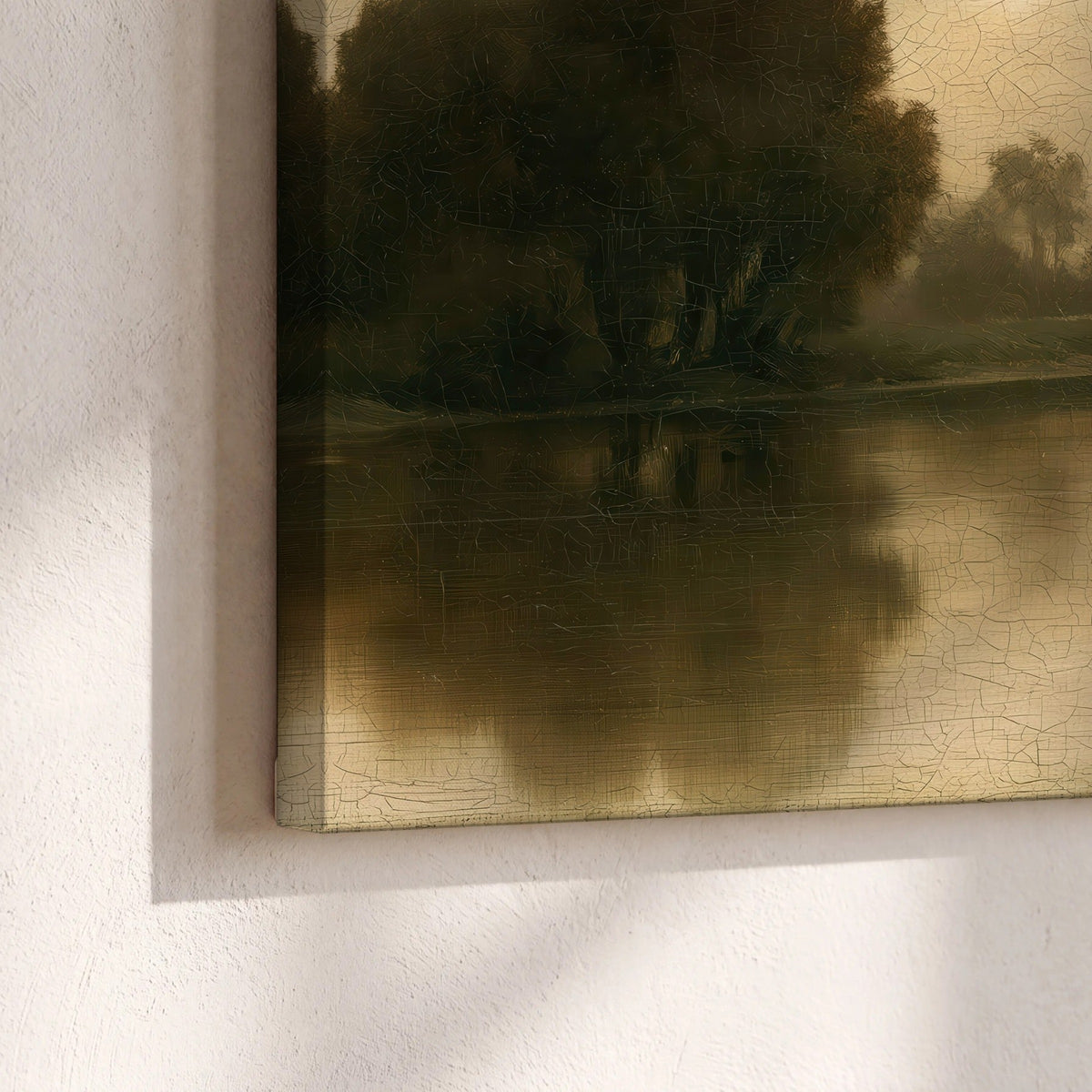 Antique sepia river painting canvas print close-up showing the gallery-wrapped edge