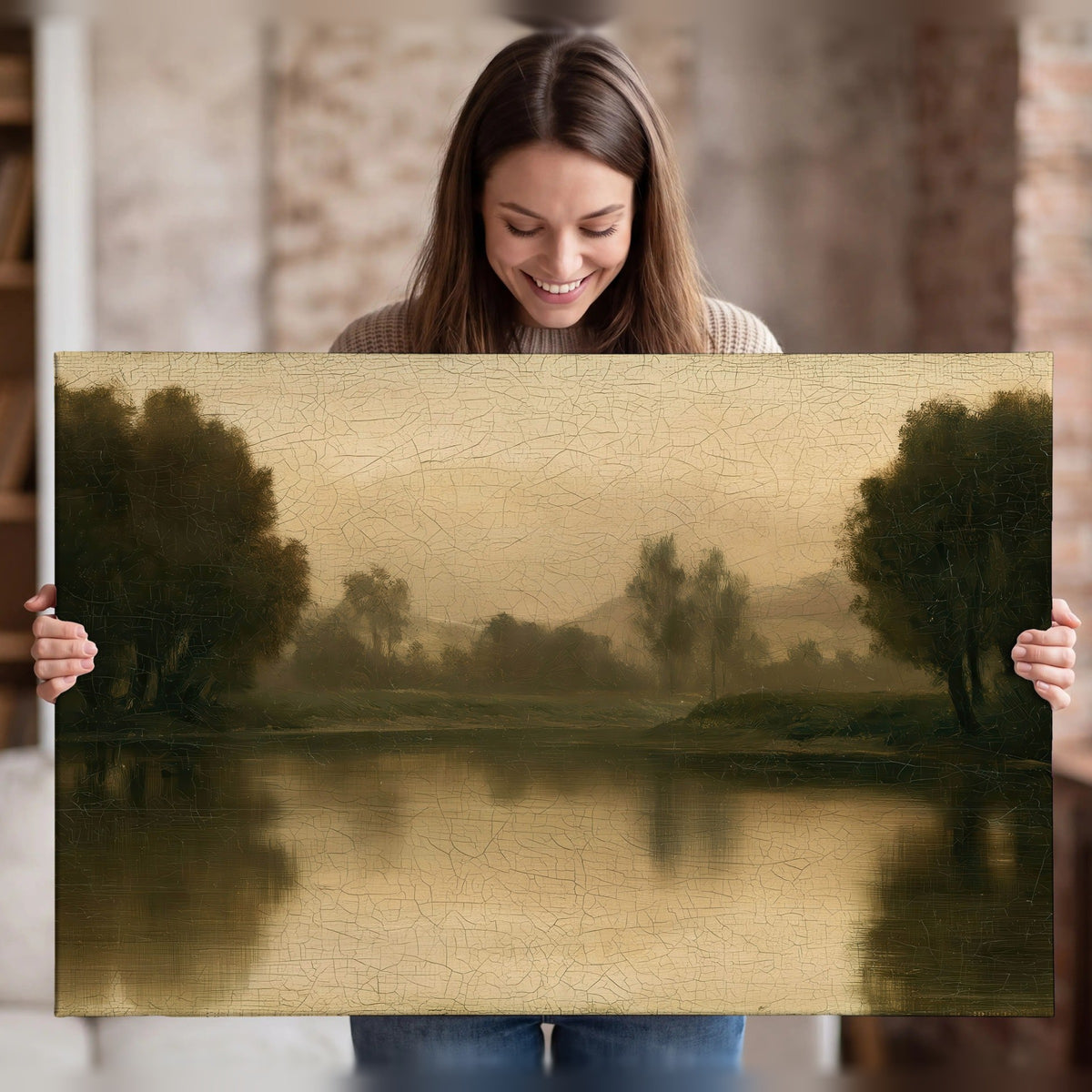 Antique sepia river painting canvas wall art held in hands