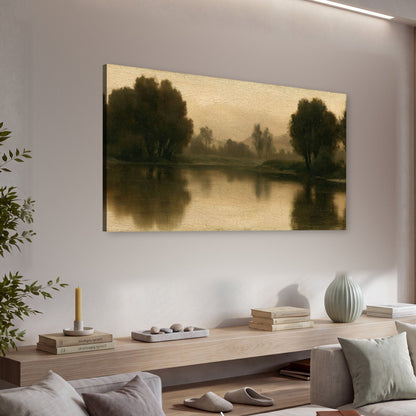 Antique sepia river painting canvas wall art in a living room above a console