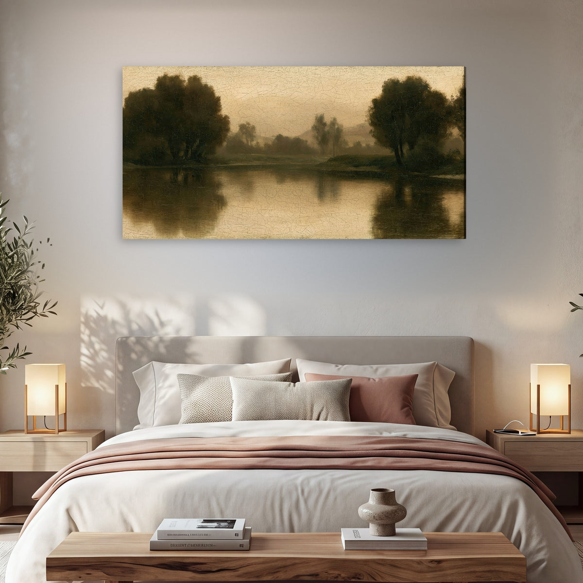 Antique sepia river painting canvas wall art in a bedroom above the bed