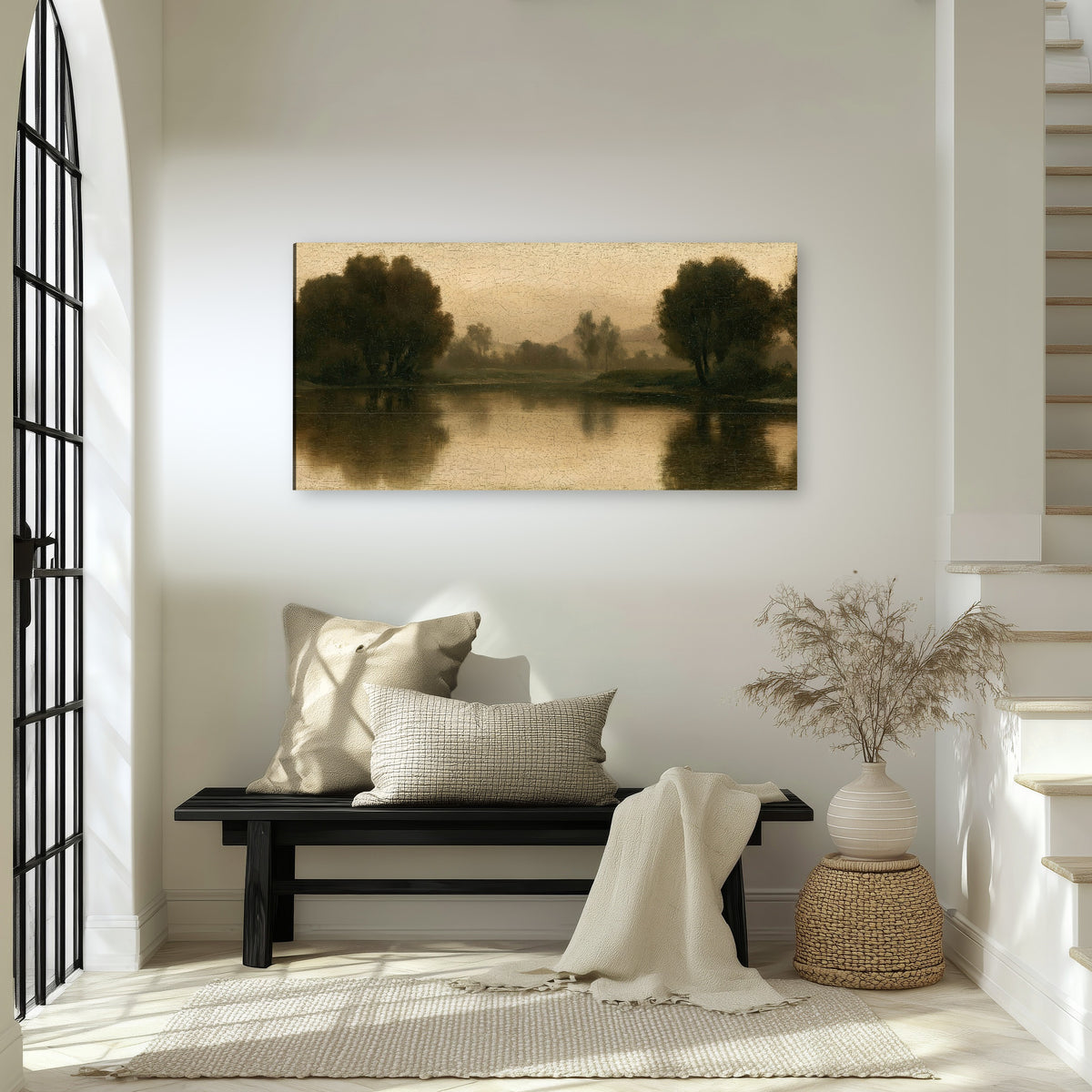 Antique sepia river painting canvas wall art in an entryway above a bench