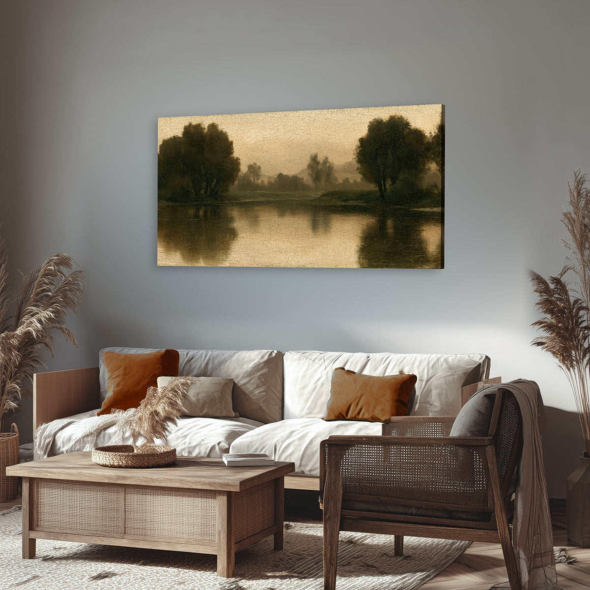 Antique sepia river painting canvas wall art in a rustic living room