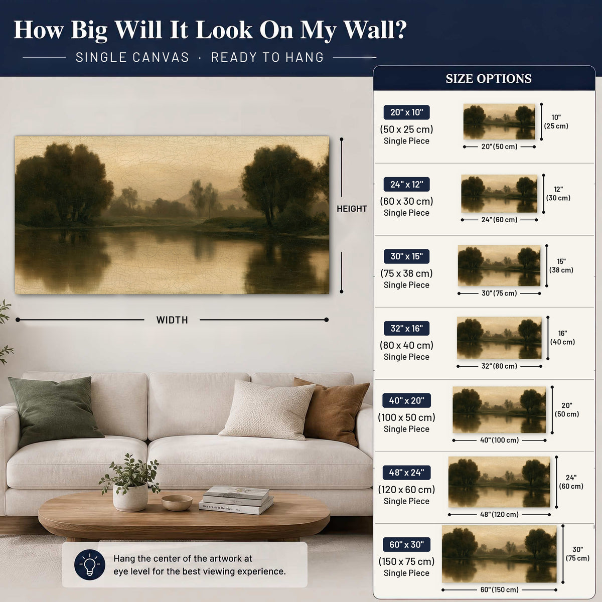 Antique sepia river painting canvas wall art size guide above a sofa