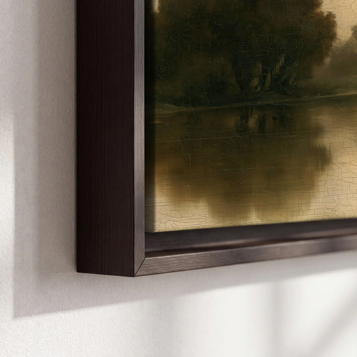 Antique sepia river painting framed canvas close-up showing the floating frame