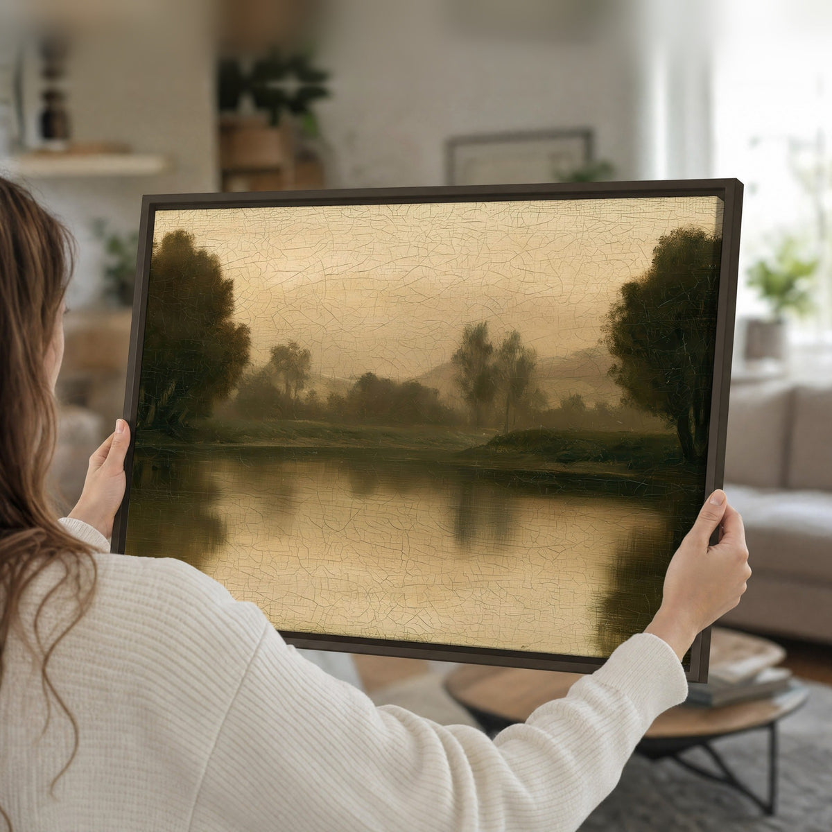 Antique sepia river painting framed canvas held in hands