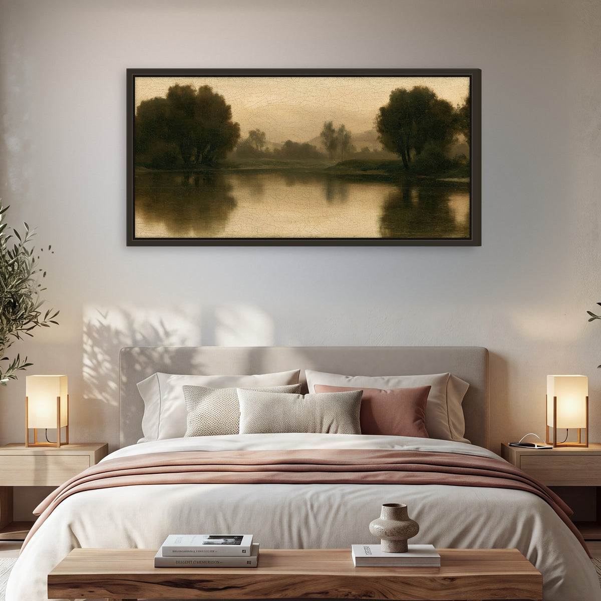Antique sepia river painting framed canvas wall art in a bedroom above the bed