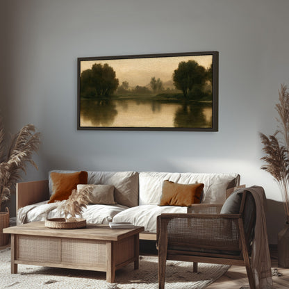 Antique sepia river painting framed canvas wall art in a rustic living room