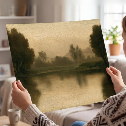 Antique sepia river painting poster print held in hands