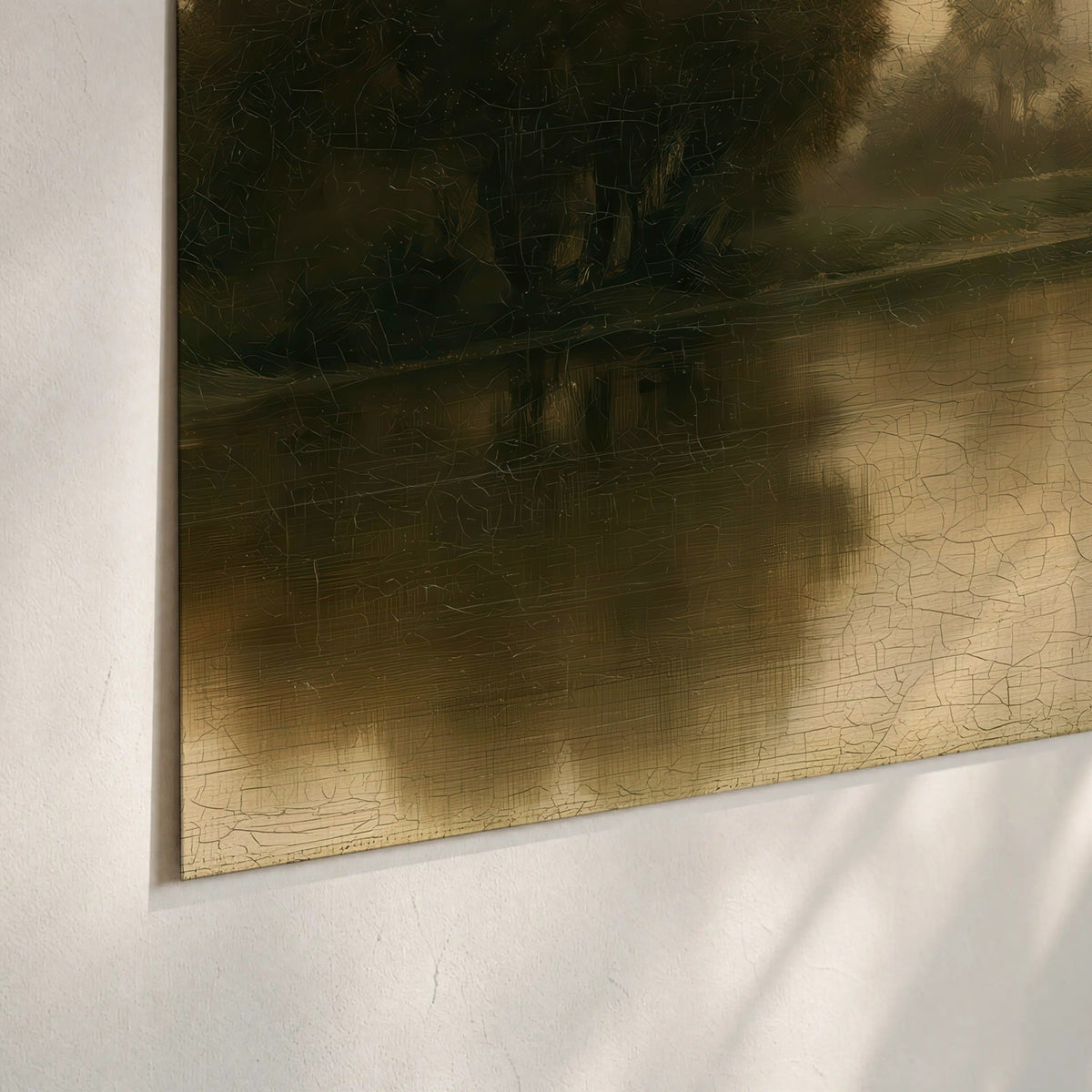 Antique sepia river painting poster print close-up on matte paper