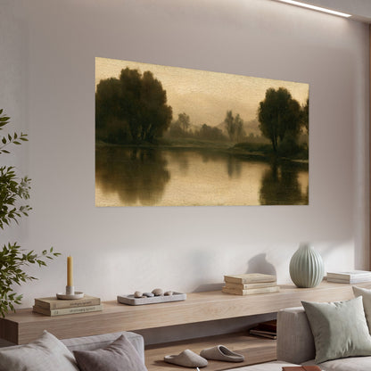 Antique sepia river painting poster print in a living room above a console