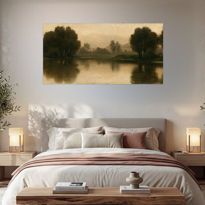 Antique sepia river painting poster print in a bedroom above the bed