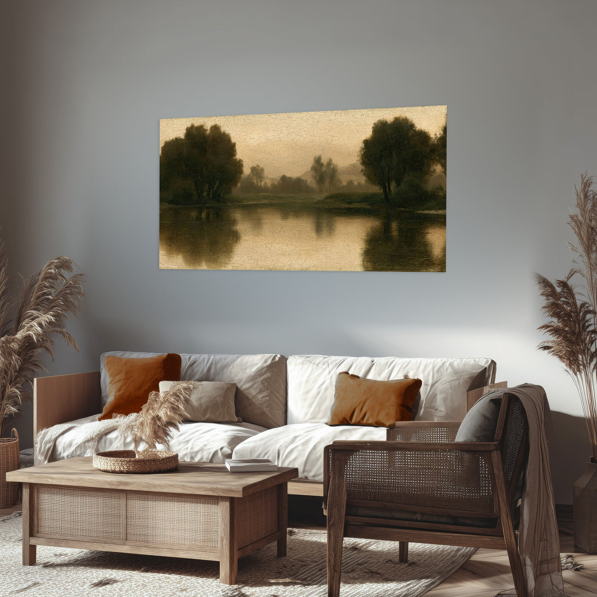 Antique sepia river painting poster print in a rustic living room