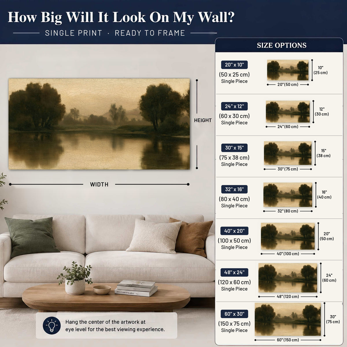 Antique sepia river painting poster print size guide above a sofa