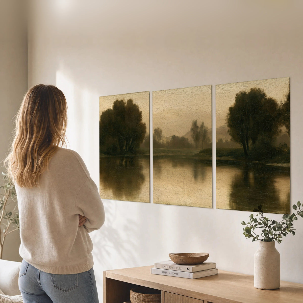 Antique sepia river painting set of 3 poster prints in a living room
